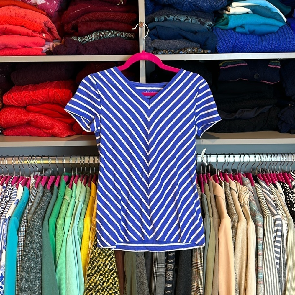 Talbots blue and white striped short sleeve v neck t shirt size XS NWT